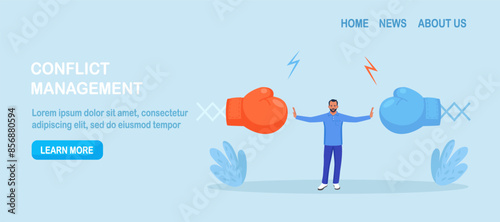 Conflict management. Man stopping conflict or fighting. Leadership skill to compromise and solving argument problem. Disagreement communication, negotiation. Business deal conversation