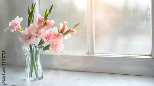 Vase with beautiful pink gladiolus flowers on window