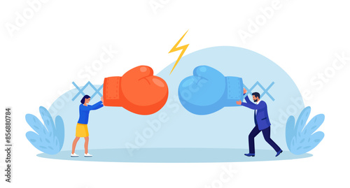 Business man in boxing gloves fighting with woman. Conflict between coworkers or misunderstanding. Tensed argument of two partners or colleagues. Confrontation. Aggressive quarrel, two opponents fight