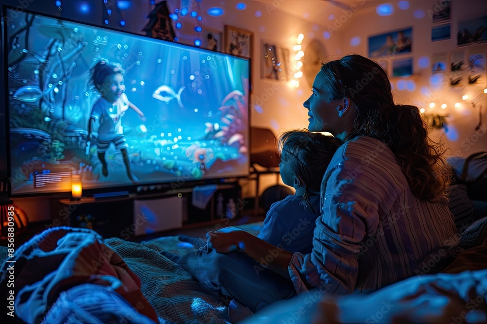 Mother and Child Watching Animated Movie at Home Together in Cozy Evening Setting