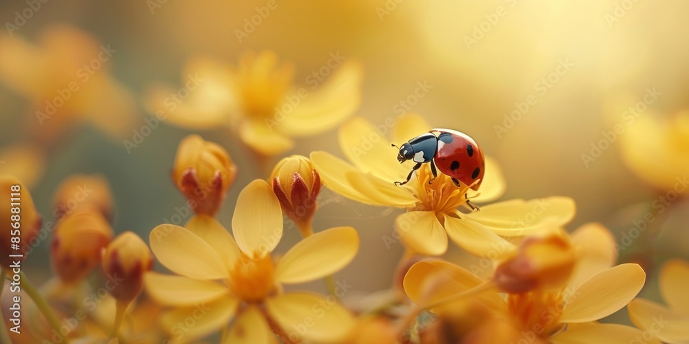 Naklejka premium Ladybug on Yellow Flowers in Sunlit Bloom