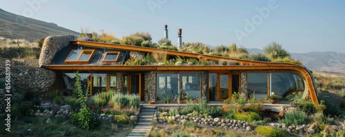 Sustainable earthship home with recycled materials. photo