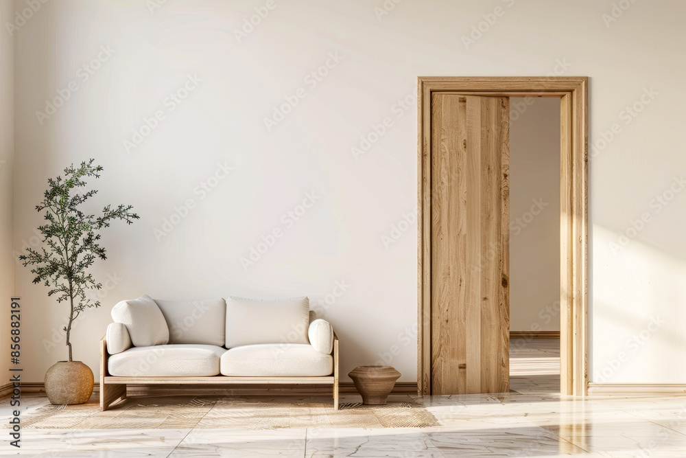 Fototapeta premium Open modern wooden door to living room