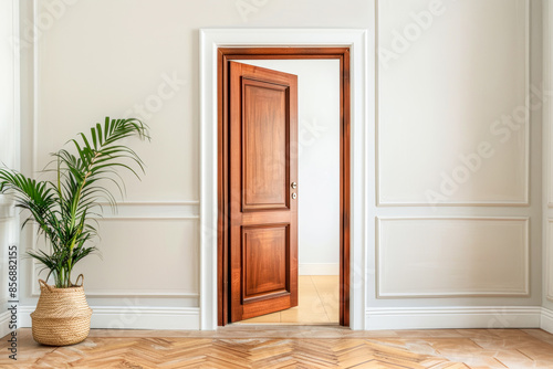 Open modern wooden door to living room
