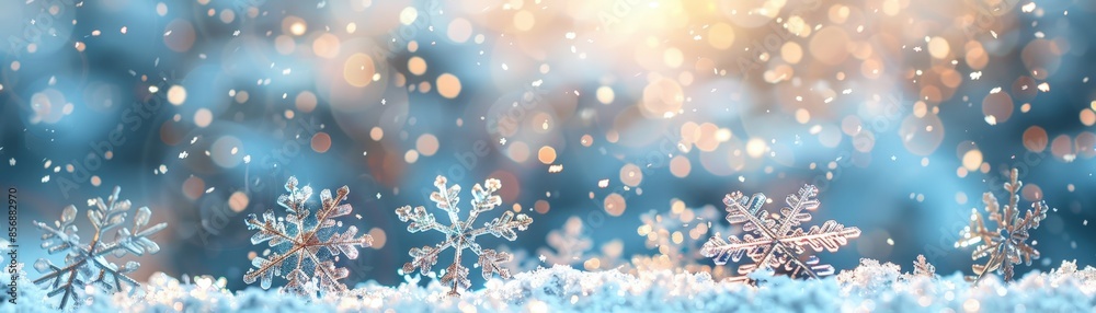 Beautiful Winter Snowflakes in a Sparkling Snowy Landscape with Bokeh Lights in the Background Beautiful Winter Snowflakes in a Sparkling Snowy Landscape with Bokeh Lights in the Background