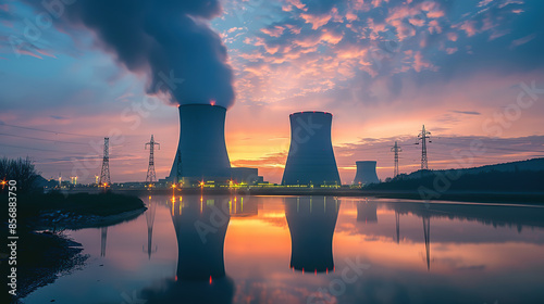 Nuclear power plant with two towers, glowing in the dusk light near river and highvoltage lines