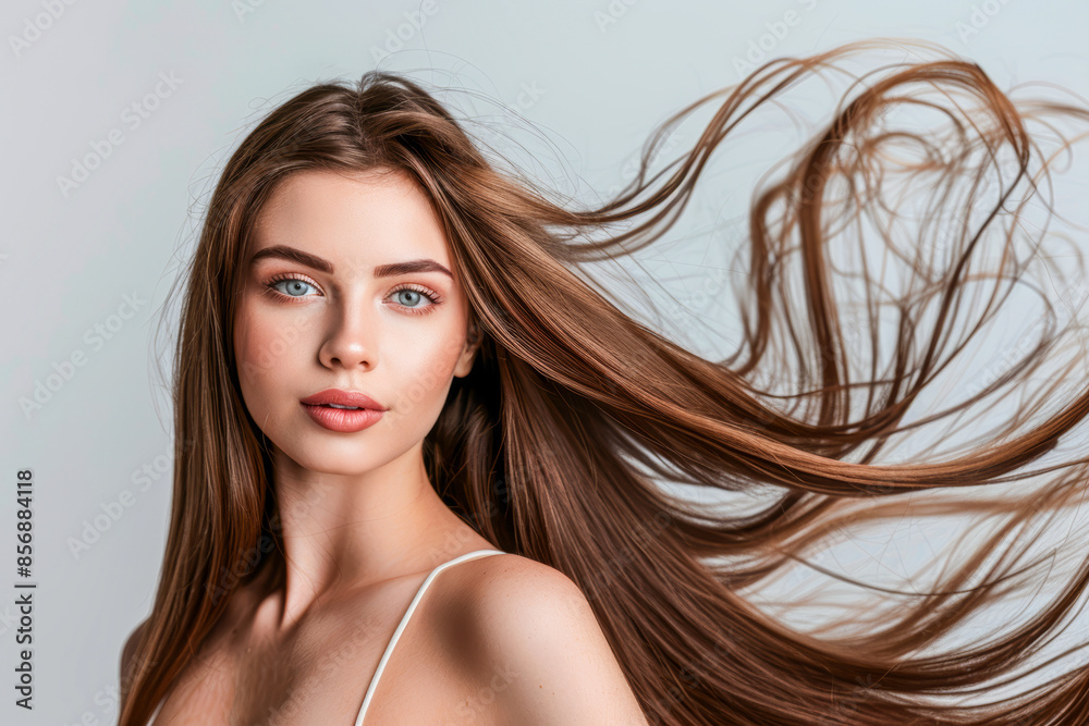 Portrait of a beautiful young woman with long straight shiny healthy brown hairs Portrait of a beautiful young woman with long straight shiny healthy brown hairs