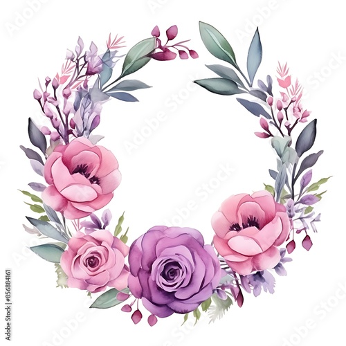 Watercolor floral wreath with pink and purple roses,
