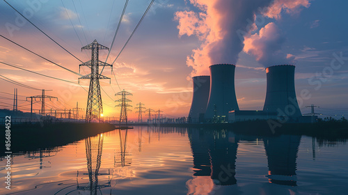 Nuclear power plant with two towers, glowing in the dusk light near river and highvoltage lines