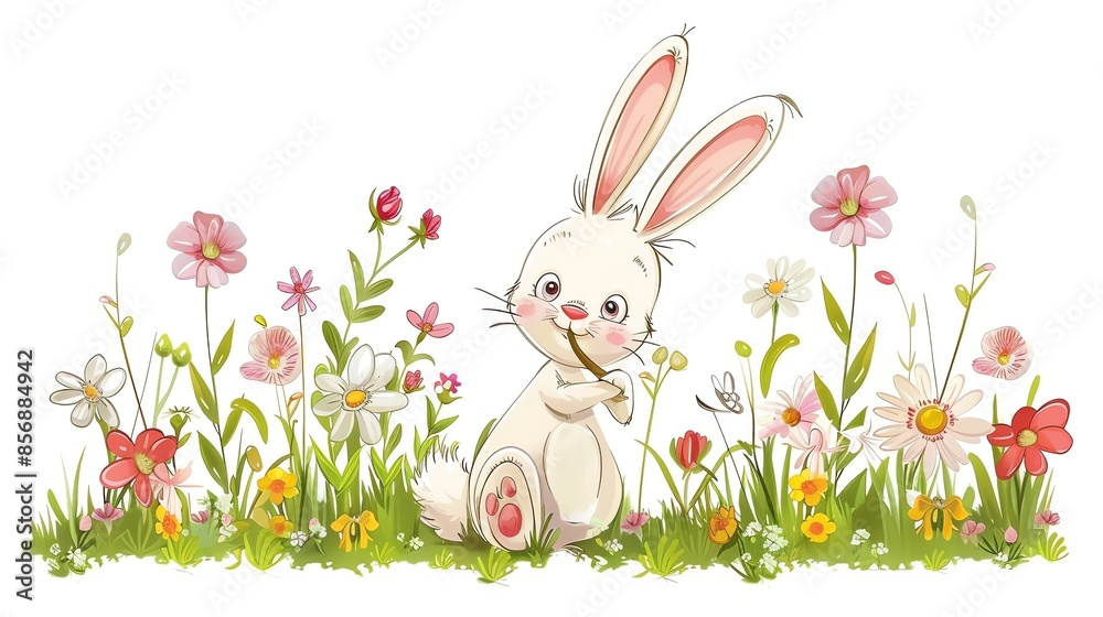 A cute cartoon bunny nibbles on a twig in a field of flowers.