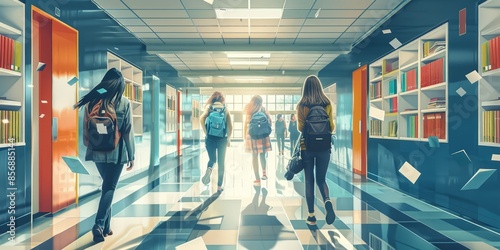 Wallpaper Mural High School Hallway with Students Walking and Bookshelves Torontodigital.ca