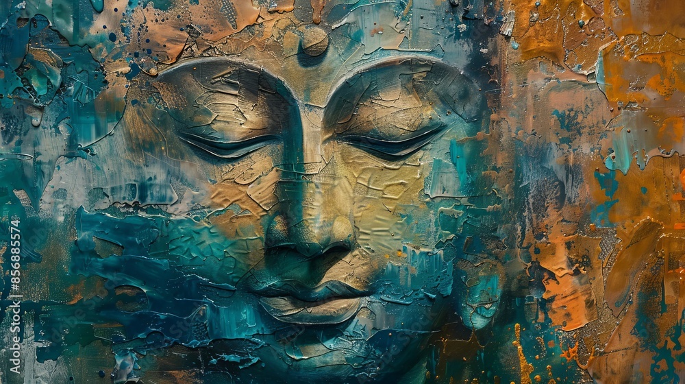 Buddha face in abstract oil painting, calm and peaceful, textured background enhancing meditation art, raw and vibrant Buddha face in abstract oil painting, calm and peaceful, textured background enhancing meditation art, raw and vibrant