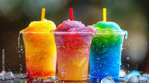 Brightly colored Kool-Aid slushies, capturing the essence of curing thirst quickly, icy and appealing, raw and vivid details