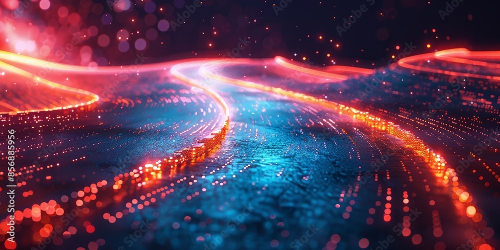 Obraz premium Neon Pathway: Vibrant Digital Abstract with Glowing Lines and Sparkling Lights in Blue and Red