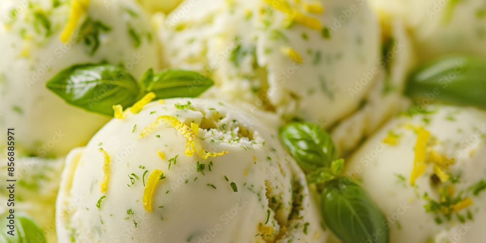 Refreshing basil and lemon ice cream, a closeup of refreshing basil and lemon ice cream, its light green color with lemon zest against a white background