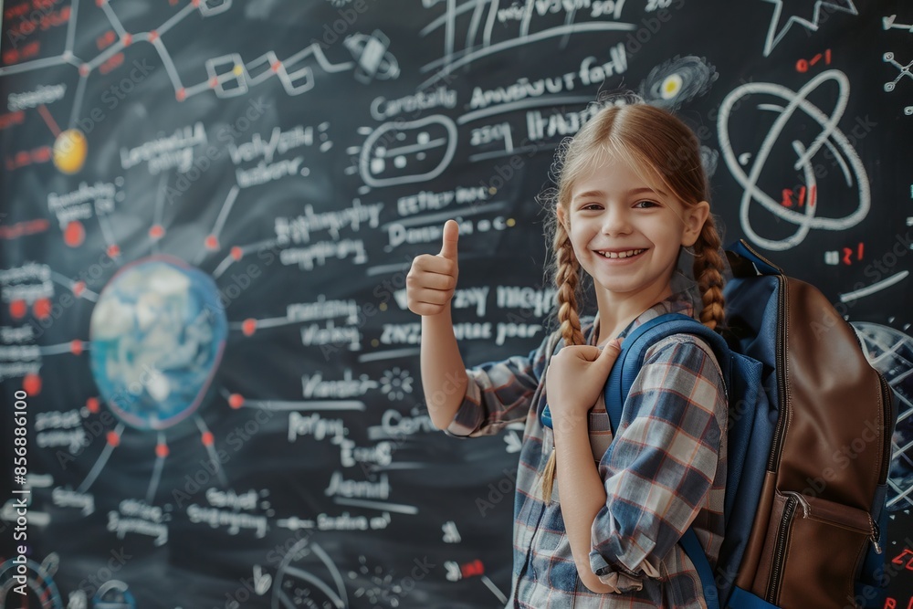 Happy schoolgirl with backpack gives a thumbs-up in classroom against chalkboard with educational drawings. Conceptual image of joyful learning and enthusiasm. Academic style. Generative AI Happy schoolgirl with backpack gives a thumbs-up in classroom against chalkboard with educational drawings. Conceptual image of joyful learning and enthusiasm. Academic style. Generative AI
