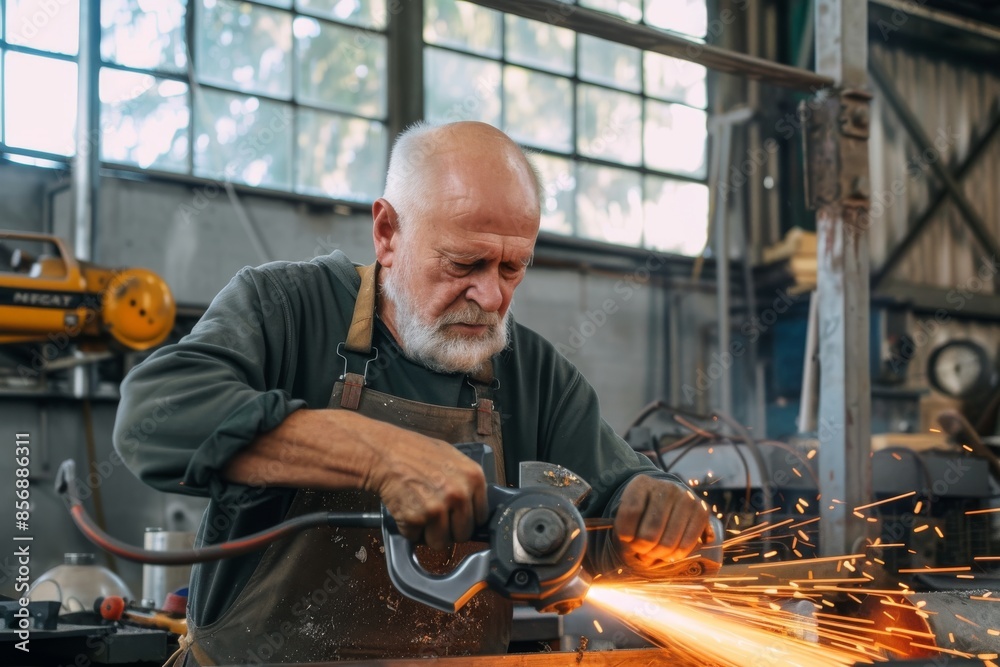 Man grinding Senior man/manual worker working in metal factory workshop with grinder Man grinding Senior man/manual worker working in metal factory workshop with grinder