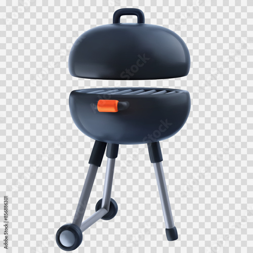 Cartoon 3d open barbeque grill isolated on transparent background. Realistic bright cooking bbq device. Vector illustration.