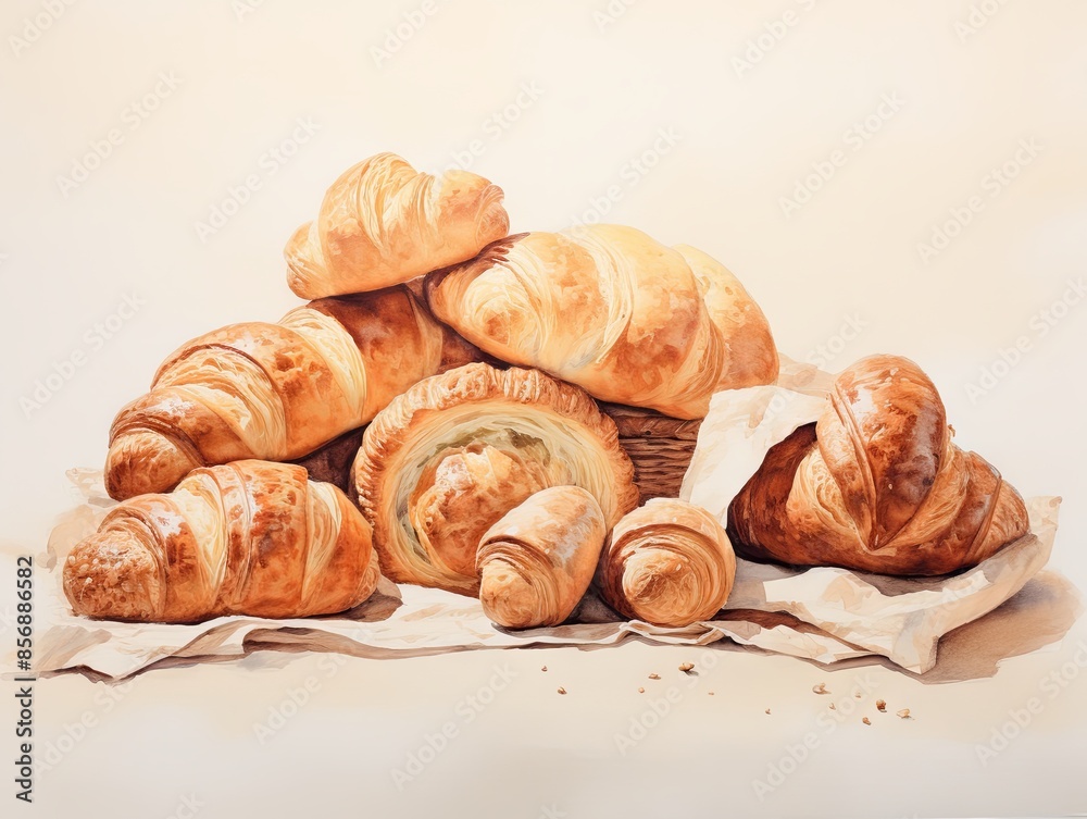 watercolor drawing of croissant on wooden table watercolor drawing of croissant on wooden table