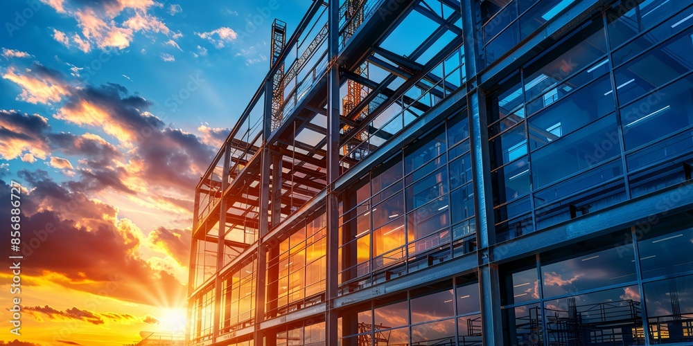 Obraz premium Modern Architectural Structure with Glass Windows Against a Vibrant Sunset Sky