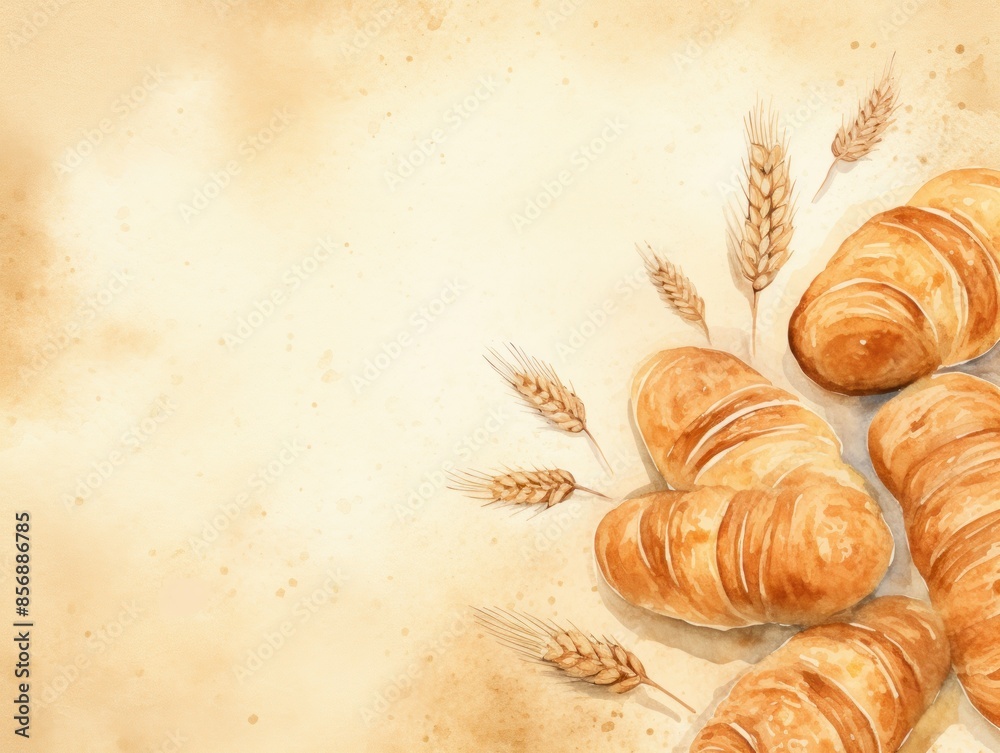 watercolor drawing background with fresh baked bread and croissant watercolor drawing background with fresh baked bread and croissant