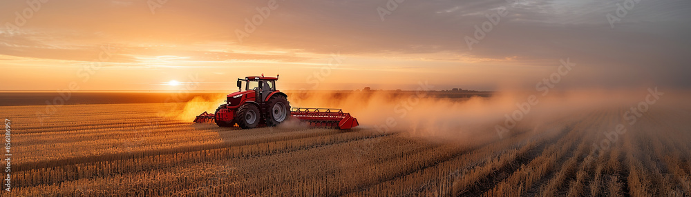 Fototapeta premium A tractor working on a wheat field during sunset, creating dust clouds with its plowing equipment, symbolizing modern agriculture.