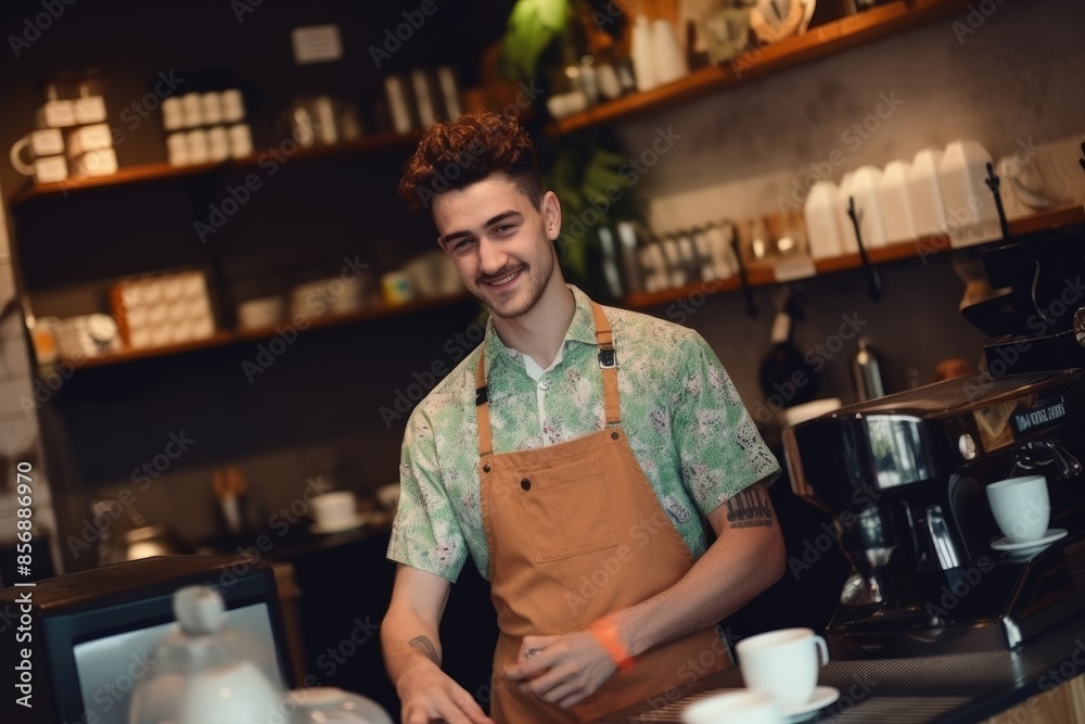 male portrait of a happy barista standing at the cafe counter. man working in the restaurant with a cup of coffee. male portrait of a happy barista standing at the cafe counter. man working in the restaurant with a cup of coffee.