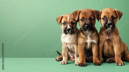 Three adorable puppies sitting on a green background.