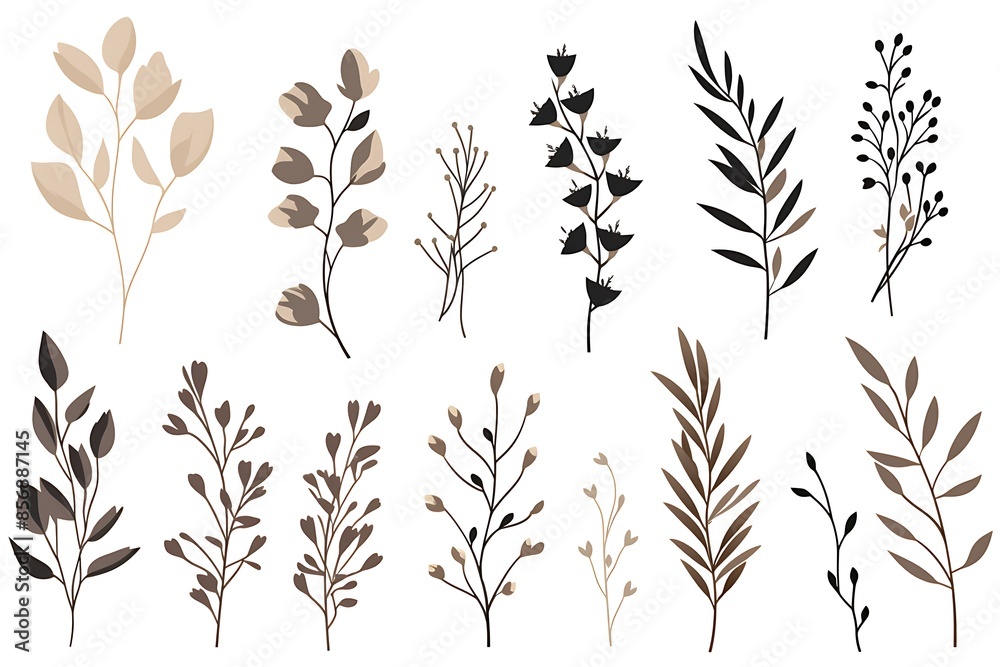Hand drawn twigs with leaves and flowers.