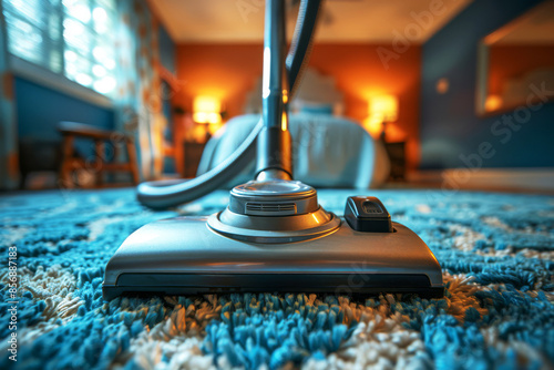 Close-up of a vacuum cleaner on a carpet in a bedroom. Household, housework and daily routine concept