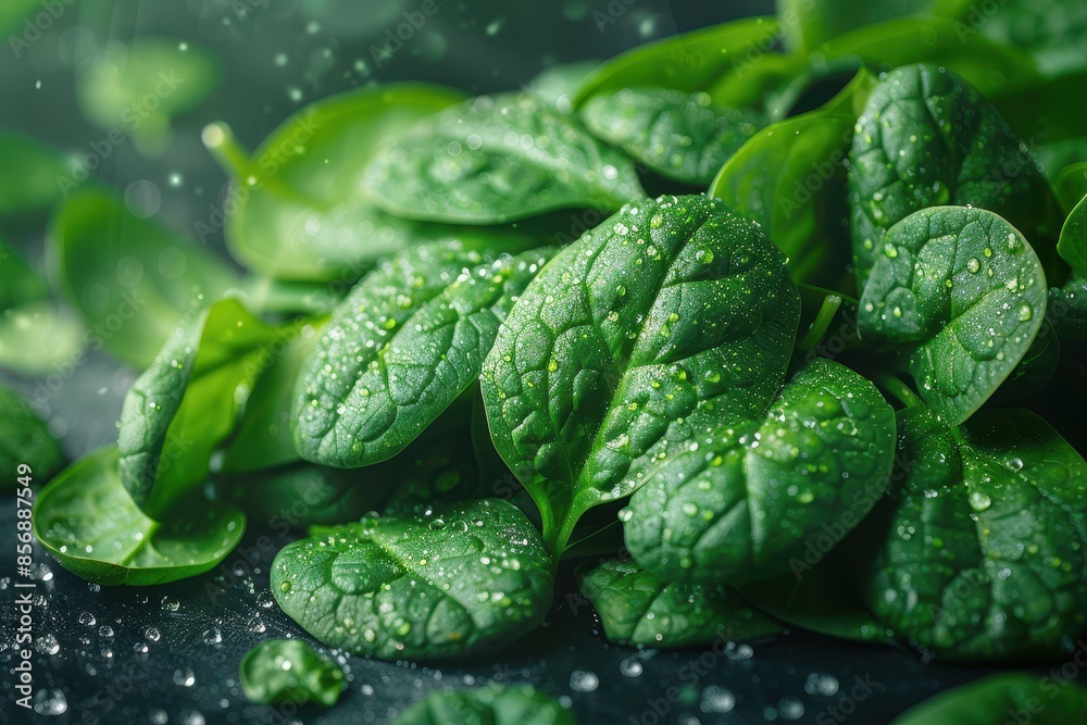 A detailed shot of a bunch of fresh spinach leaves, showing the texture and vibrant green color. 
