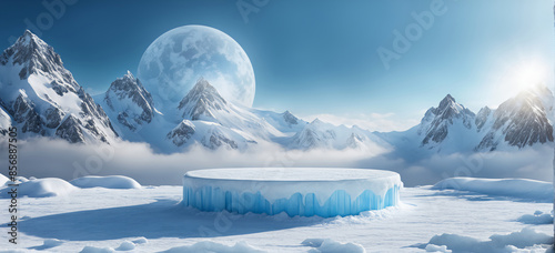  Ice podium background snow winter product platform cold mountain 3D. Podium ice display background cosmetic sky floor blue scene landscape frozen white cool stand pedestal minimal rock glacier nature photo