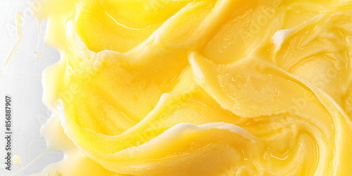 Chic lemon gelato, a closeup view of chic lemon gelato with its bright, zesty yellow color standing out against a pure white background