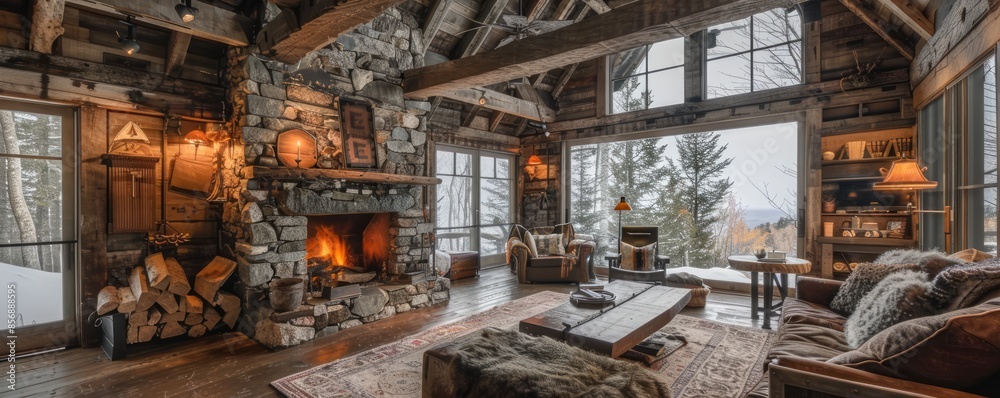Rustic cabin with a stone fireplace and wooden beams. Rustic cabin with a stone fireplace and wooden beams.