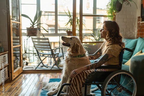 Young woman in wheelchair at home with her loyal golden retriever. Cozy living space with natural light. Concept of companionship and support. Warm and comforting ambiance. Generative AI