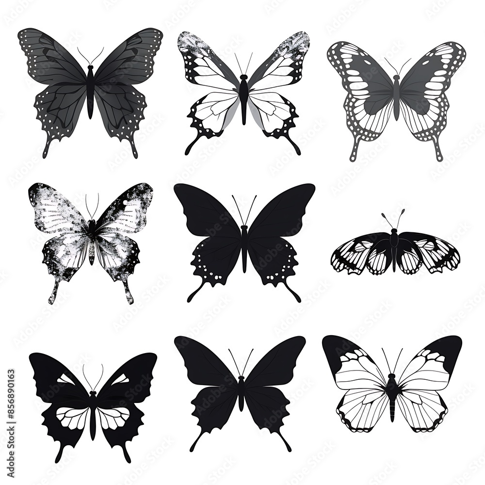 silhouette of beautiful butterflies, isolated on a white