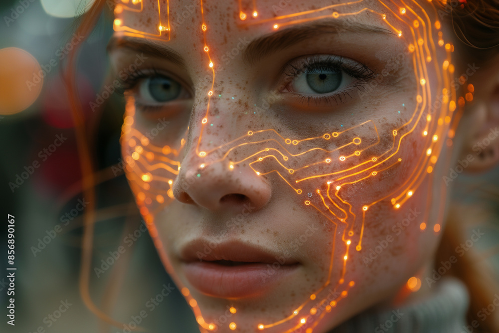 Close-up portrait of a woman with futuristic glowing circuit patterns on her face, illustrating the integration of technology and humanity. Close-up portrait of a woman with futuristic glowing circuit patterns on her face, illustrating the integration of technology and humanity.