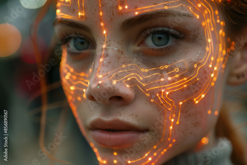 Close-up portrait of a woman with futuristic glowing circuit patterns on her face, illustrating the integration of technology and humanity.
