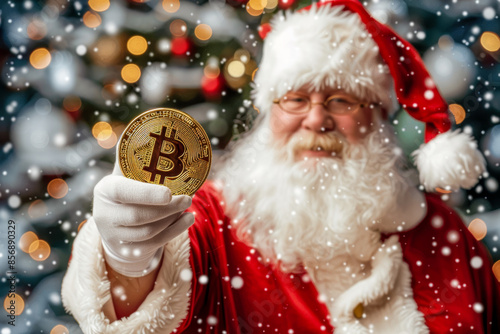 Santa claus holding bitcoin poster with copy space