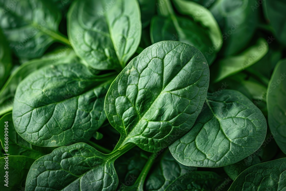A detailed shot of a bunch of fresh spinach leaves, showing the texture and vibrant green color. A detailed shot of a bunch of fresh spinach leaves, showing the texture and vibrant green color.