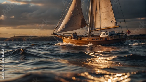 a beautiful shot of a yacht sailing through a sea at sunset during a vibrant sunset