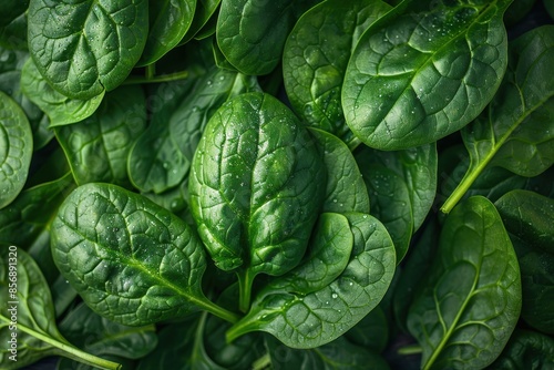 A detailed shot of a bunch of fresh spinach leaves, showing the texture and vibrant green color. 