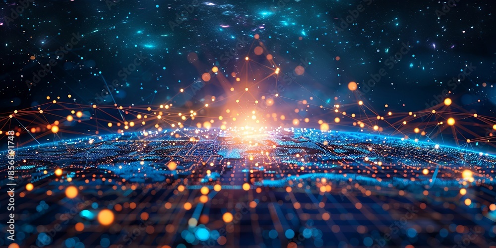 Fototapeta premium Futuristic Digital Network with Glowing Points and Starry Background