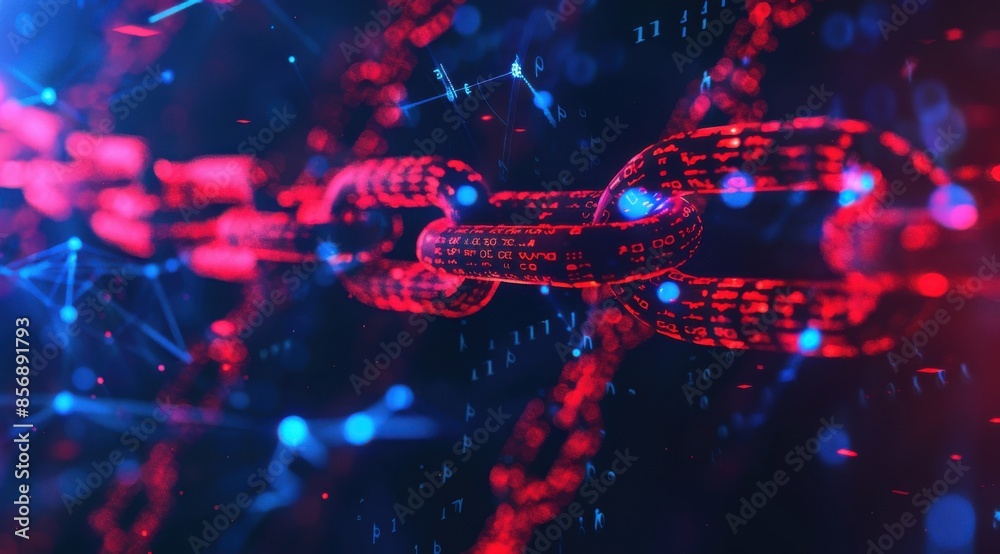 A chain of red and blue links is shown in a blurry image. The chain is made up of many small links, and the colors are vibrant and eye-catching. The image has a futuristic and technological feel A chain of red and blue links is shown in a blurry image. The chain is made up of many small links, and the colors are vibrant and eye-catching. The image has a futuristic and technological feel