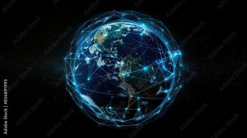 A globe with a network of lines connecting it. The globe is surrounded by a dark background. Concept of interconnectedness and the vastness of the world A globe with a network of lines connecting it. The globe is surrounded by a dark background. Concept of interconnectedness and the vastness of the world