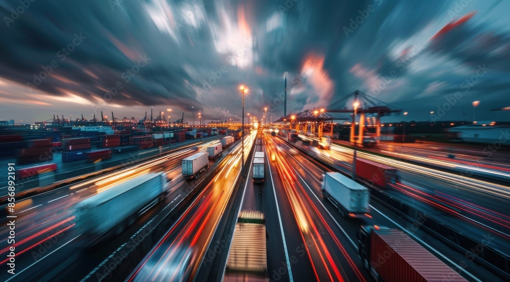 A blurry shot of a busy highway with many trucks and cars. Concept of motion and energy, as the vehicles are moving quickly down the road. The blurred effect adds to the feeling of speed and movement A blurry shot of a busy highway with many trucks and cars. Concept of motion and energy, as the vehicles are moving quickly down the road. The blurred effect adds to the feeling of speed and movement