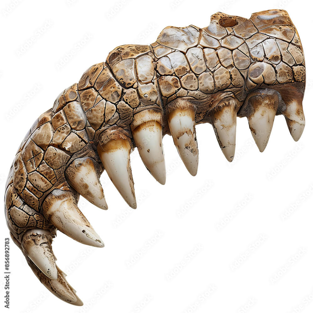 Fototapeta premium Close-up of a realistic dinosaur claw fossil isolated on white background, showcasing intricate details of textures and structure.