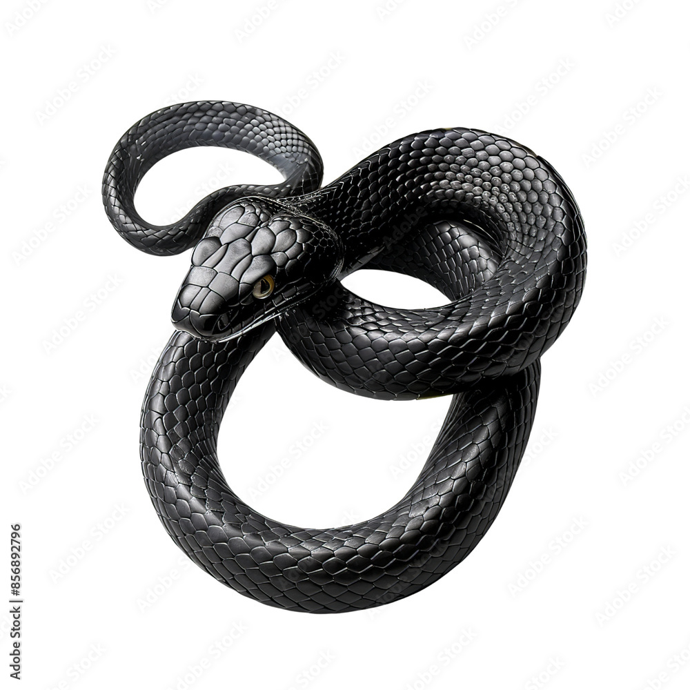 Obraz premium Close-up of a sleek black snake in a coiled position on a white background, displaying its shiny scales and intense gaze.