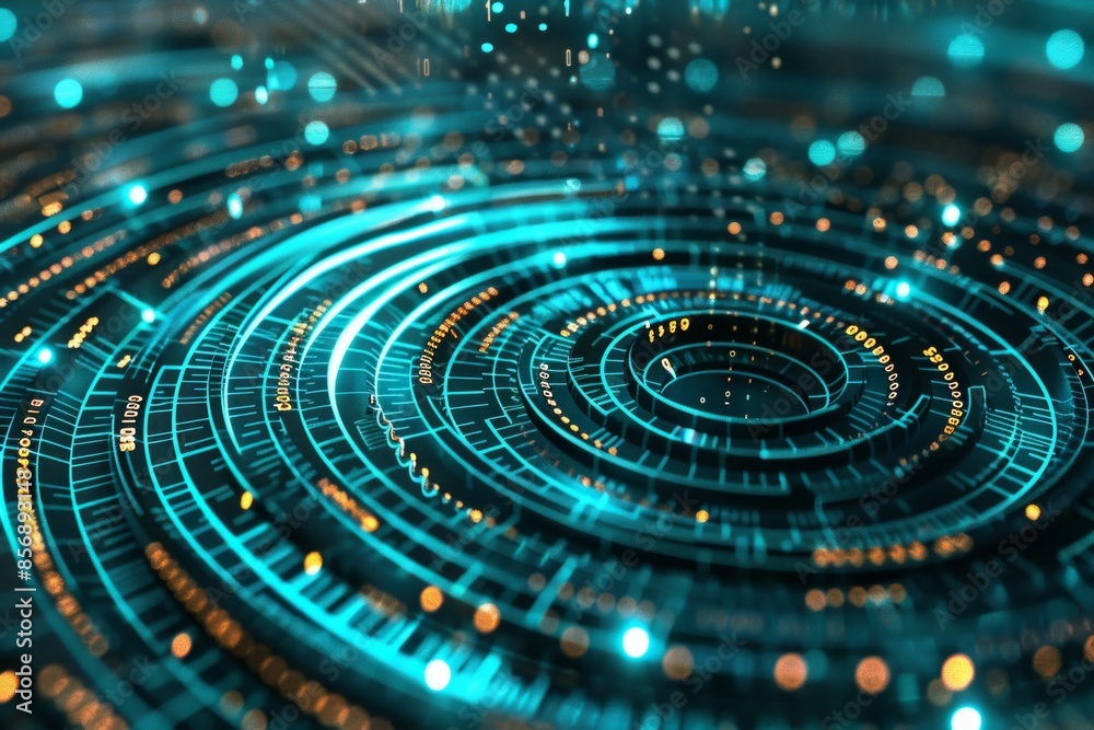 Technology-themed abstract background featuring interlocking gears and digital circuits in vibrant turquoise Technology-themed abstract background featuring interlocking gears and digital circuits in vibrant turquoise