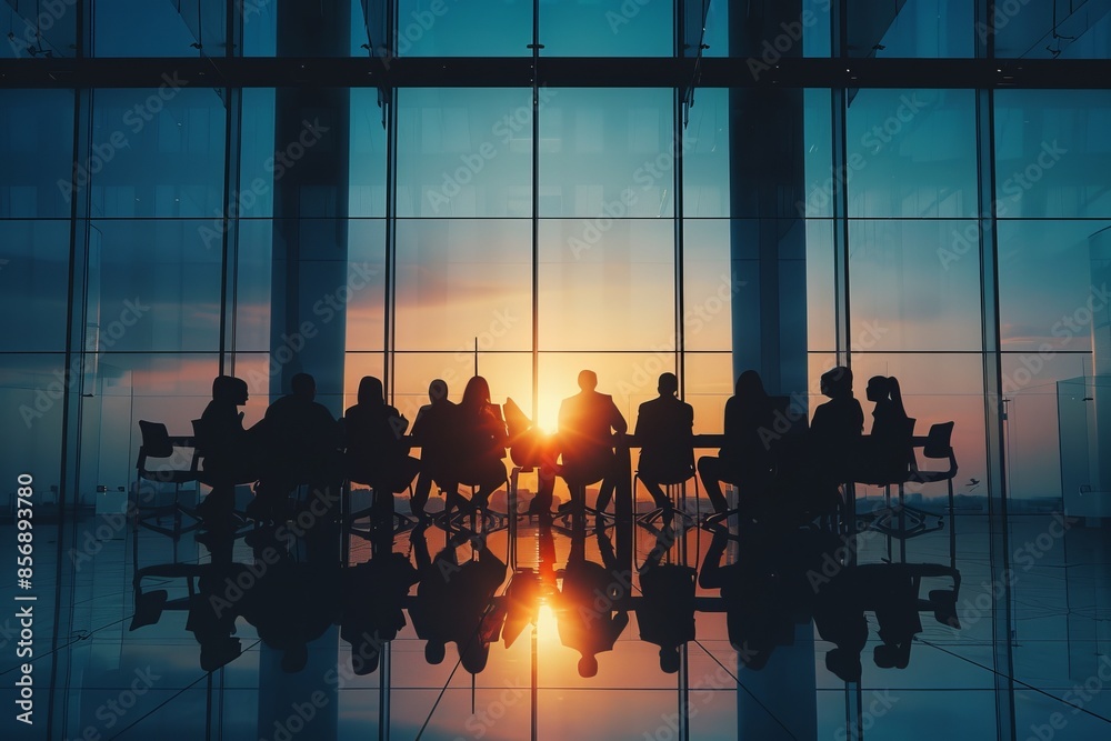 Fototapeta premium Silhouetted business meeting during sunset in a modern office with large windows. The scene captures an intense discussion. Ideal for corporate purposes and presentations. Generative AI